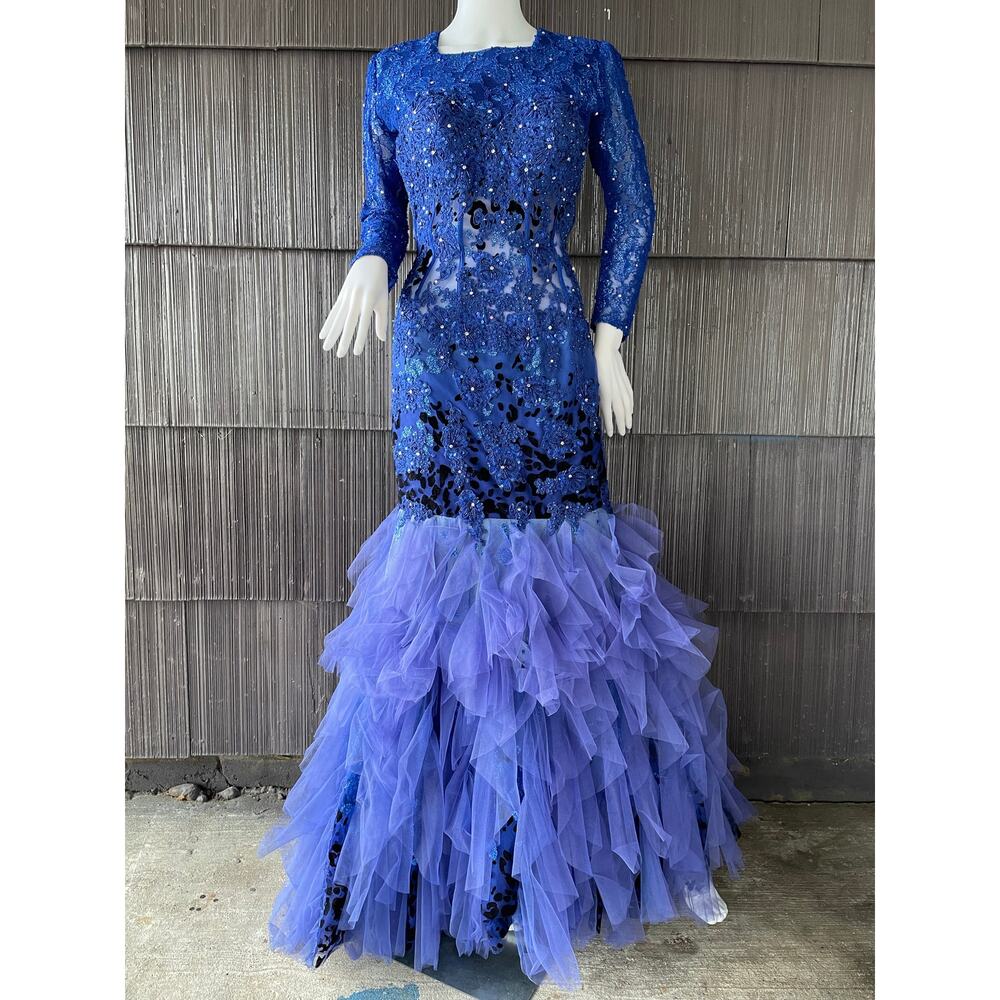 🔥Jovani Embroidered Beads Rhinestone Mermaid Blue Floor Length Glam Party Dress